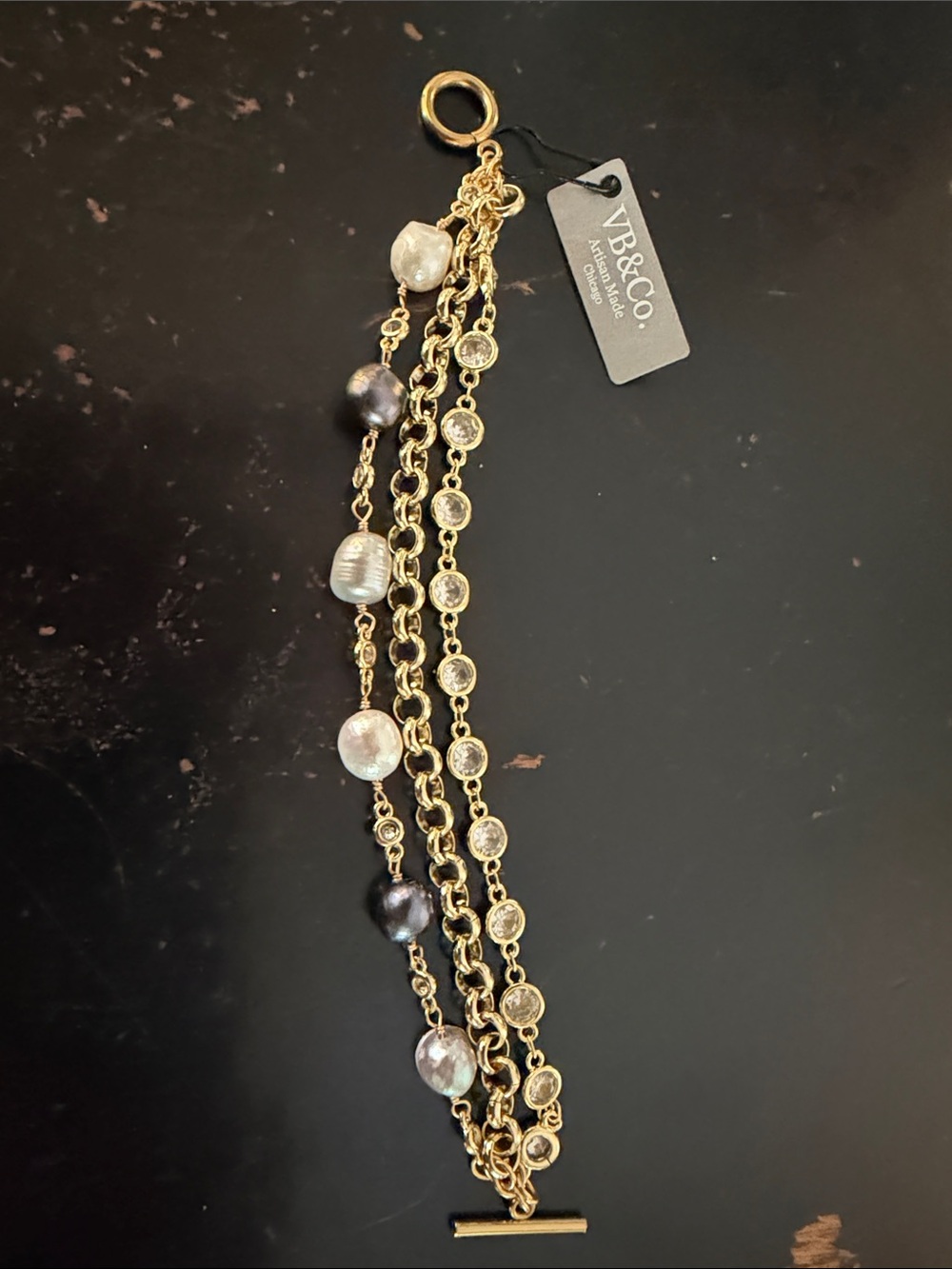 Gold Multi-Chain Bracelet with Champagne & Gray Pearls